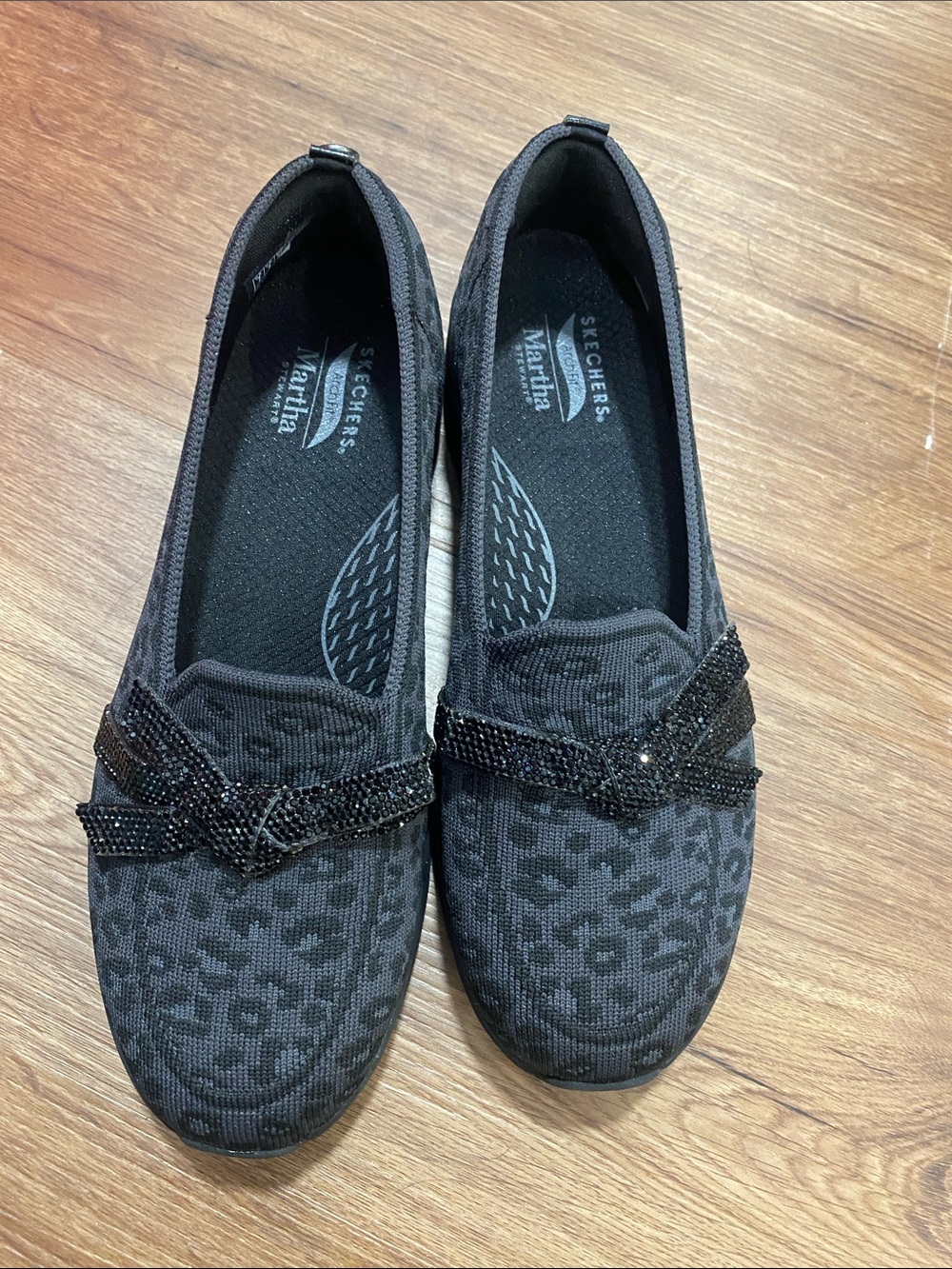 Skechers Martha Stewart Slip-On Leopard-Print Black Flats with Beaded Accent